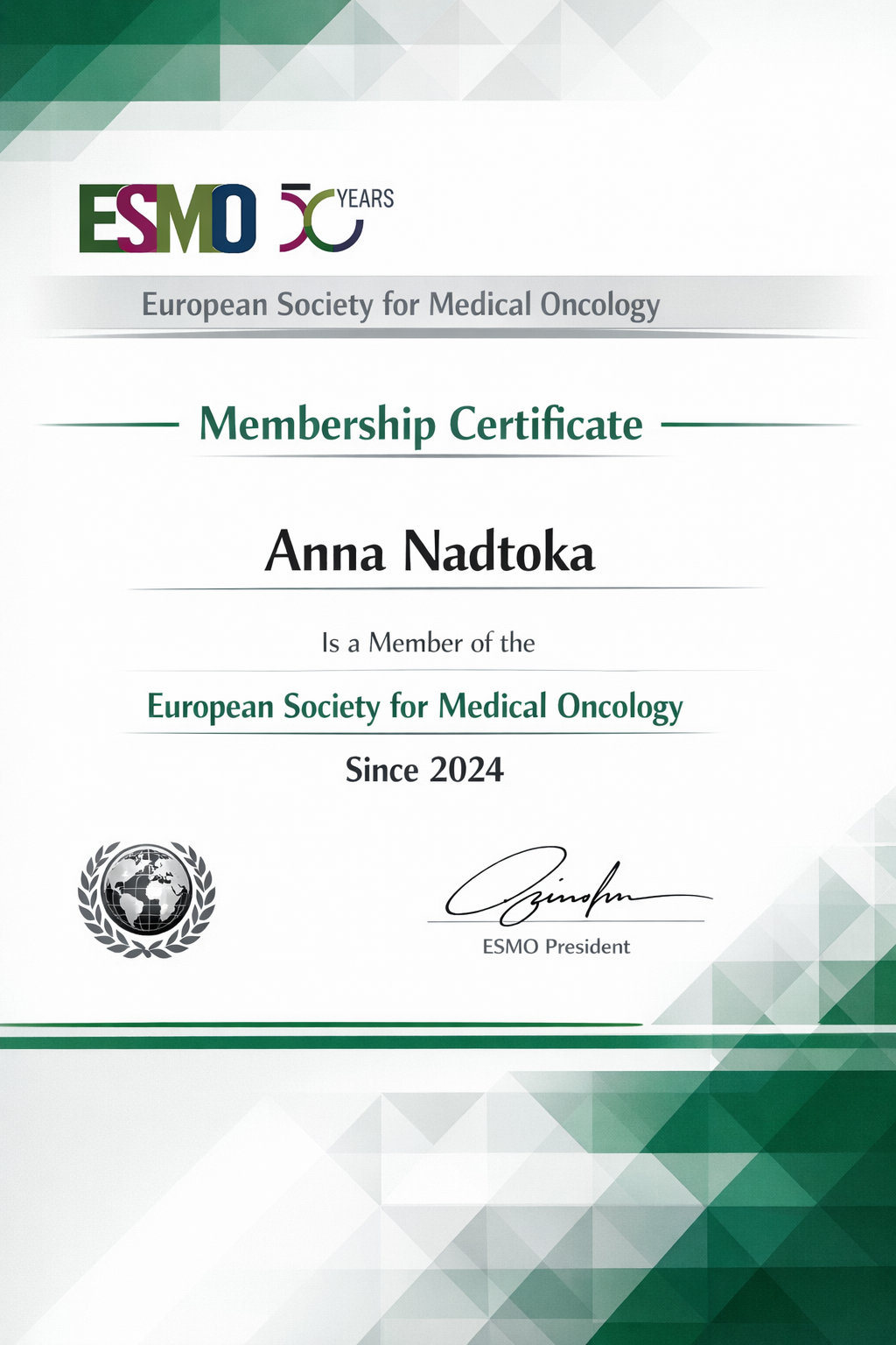 ESMO Membership Certificate