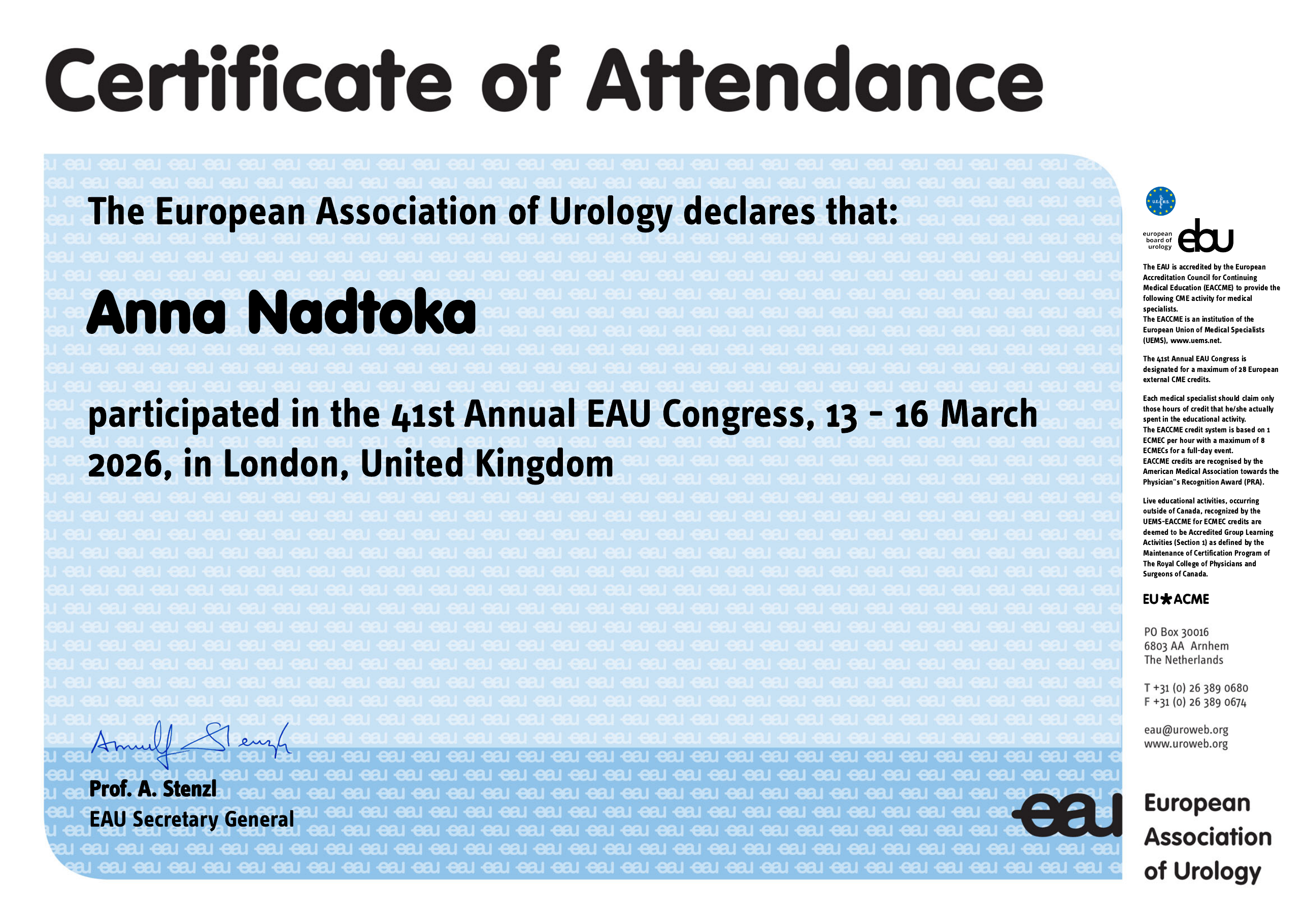 Международный сертификат EAU Congress London 2026
